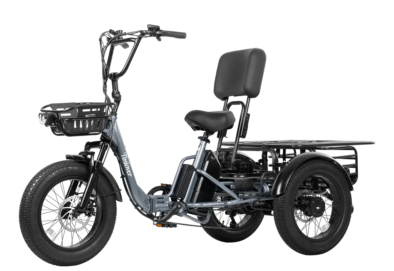 Tiniover Creek Pro grey electric trike with rear cargo rack kit