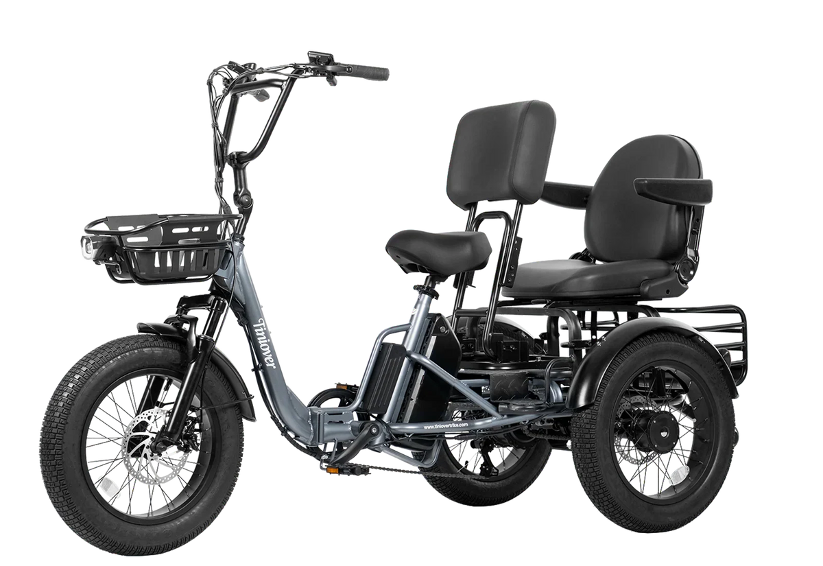 Tiniover Creek Pro grey electric trike with rear passenger seat and armrests