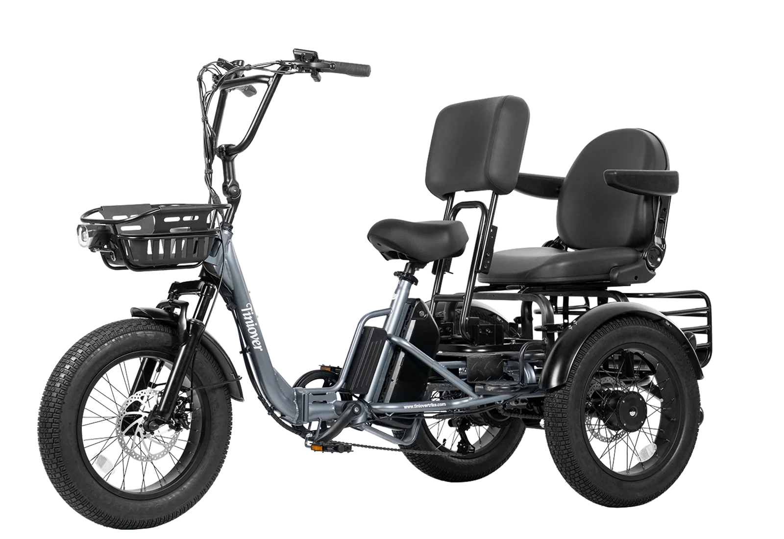 Tiniover Creek Pro grey electric trike with rear passenger seat and armrests