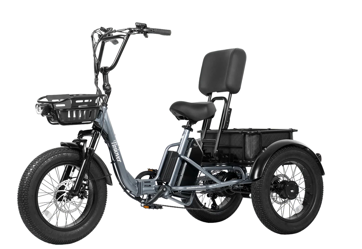 Tiniover Creek Pro grey electric trike with front basket and rider backrest