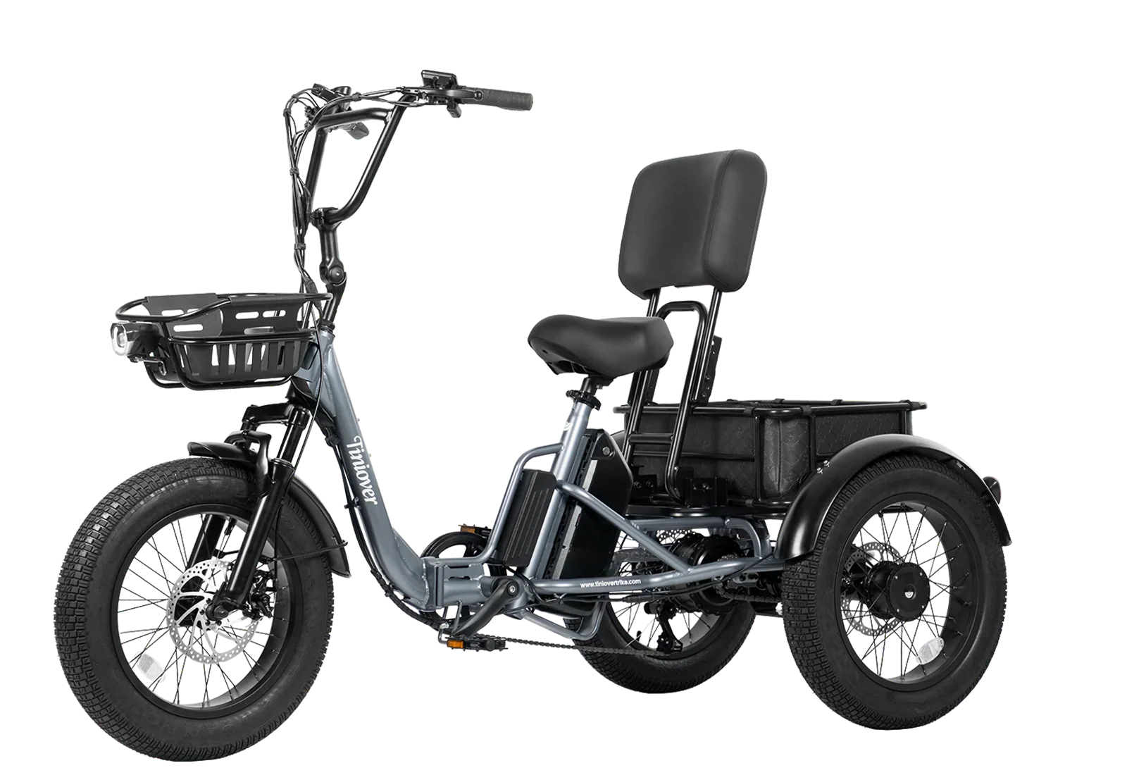 Tiniover Creek Pro grey electric trike with front basket and rider backrest