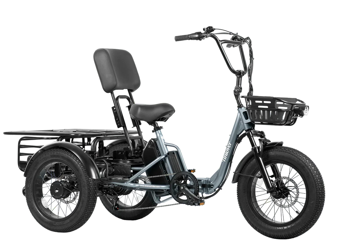Tiniover Creek grey electric trike with rear cargo rack configuration