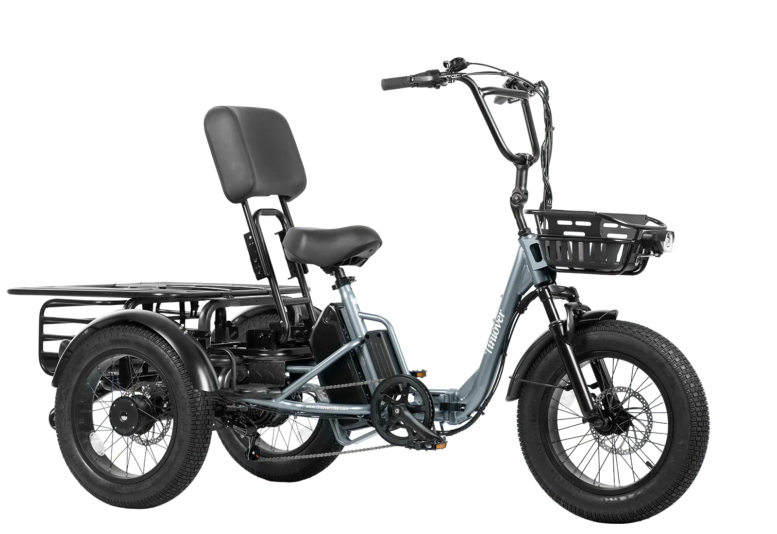 Tiniover Creek grey electric trike with rear cargo rack configuration