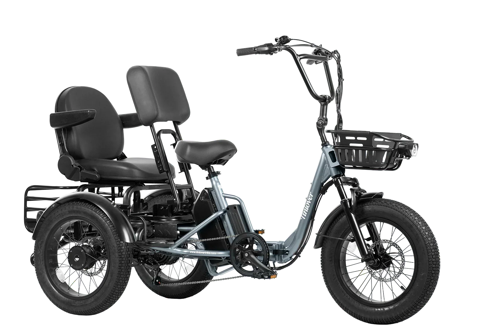 Tiniover Creek grey electric trike with rear passenger seat configuration