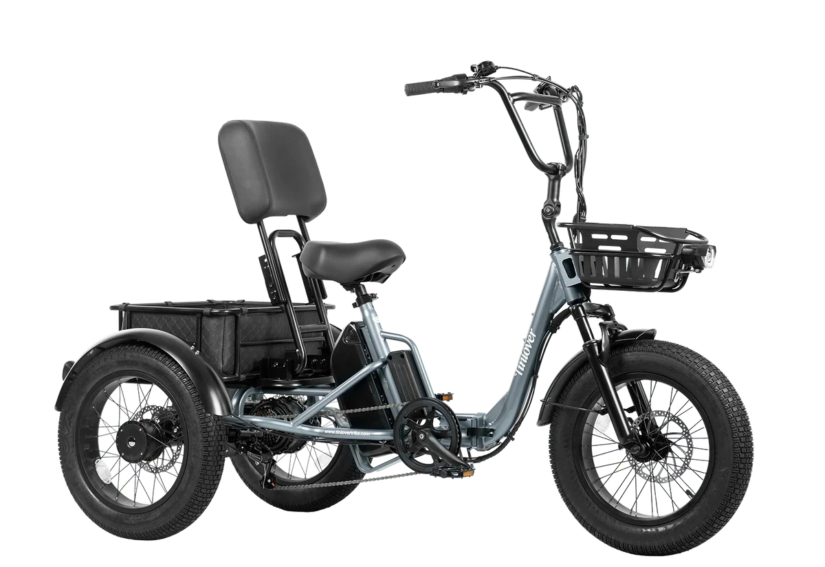 Tiniover Creek grey electric trike in three-quarter front view with rear basket