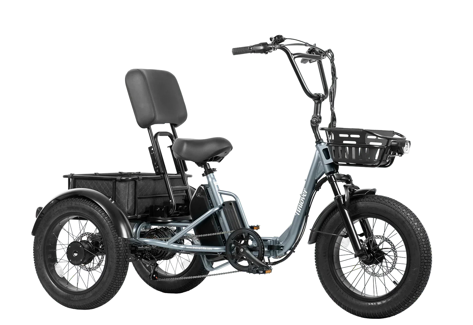Tiniover Creek grey electric trike in three-quarter front view with rear basket