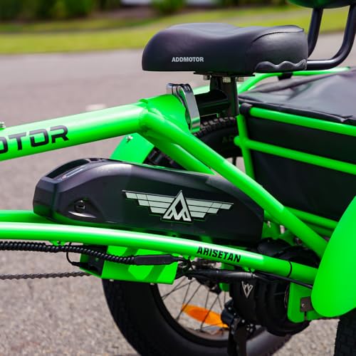 Addmotor M-360 colour B parking angle — alternate finish parked on a level surface showing the footprint a care-home or assisted-living facility needs to allocate per trike in their storage area