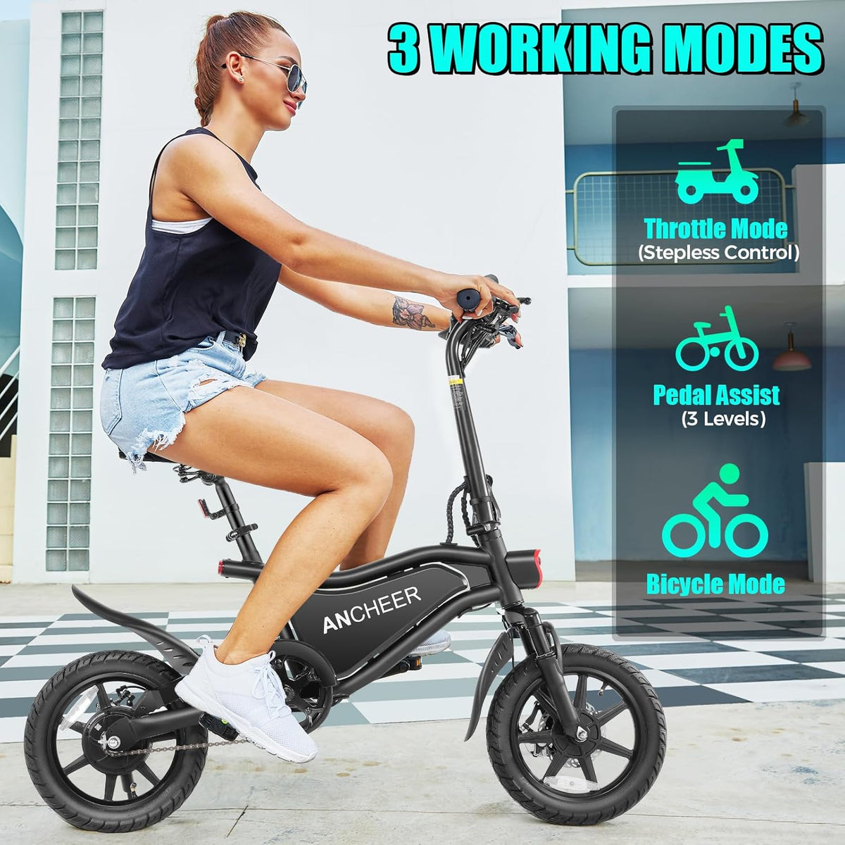 ANCHEER 20-inch rear view showing frame fold joint and motor hub — visible at the point where the frame halves meet