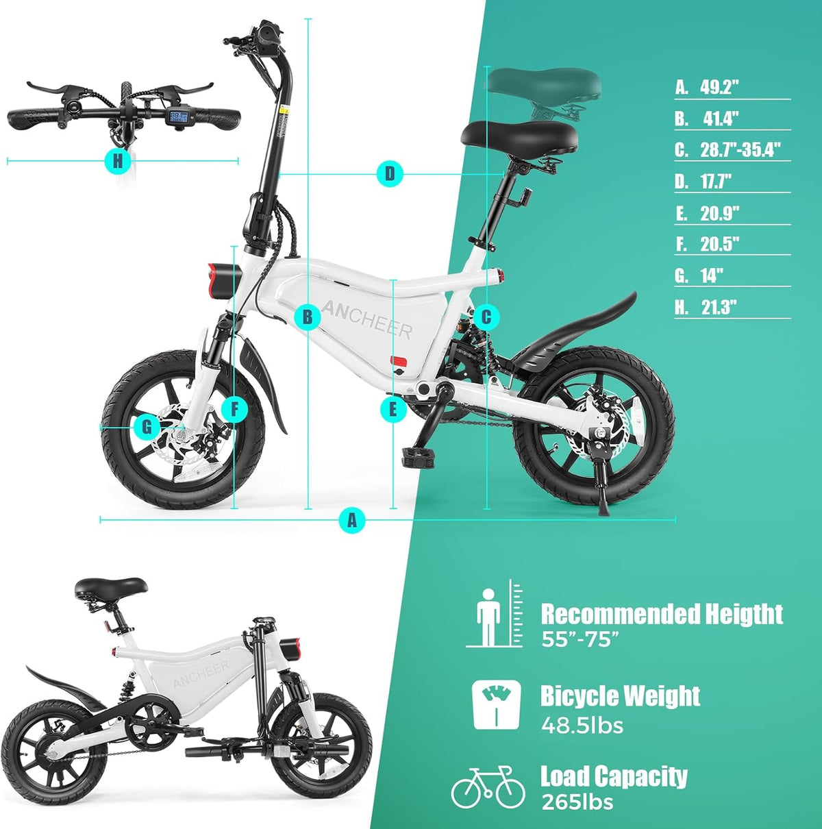 ANCHEER foldable suspension e-bike being carried — suspension fork adds some weight but the fold keeps it manageable for stair lifts