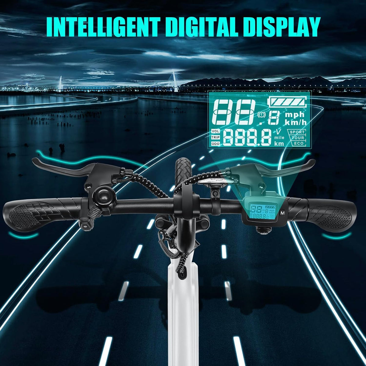 ANCHEER cockpit and pedal-assist display — five-level assist lets the rider choose how much motor support to use per trip