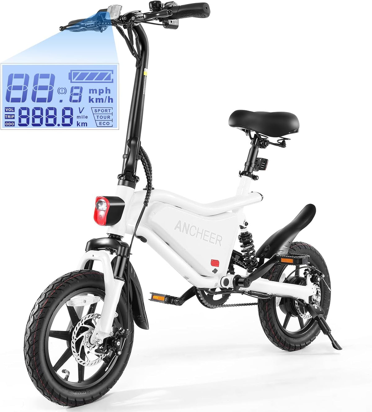 ANCHEER foldable suspension e-bike full side view — suspension fork visible above the front wheel on a folding frame