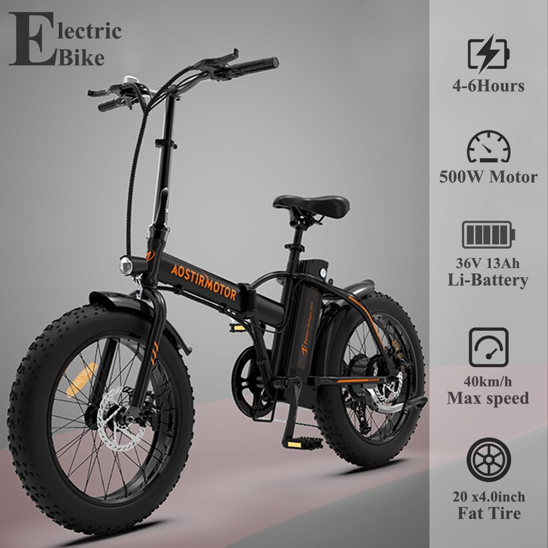 AOSTIRMOTOR folding fat tire e-bike front angle