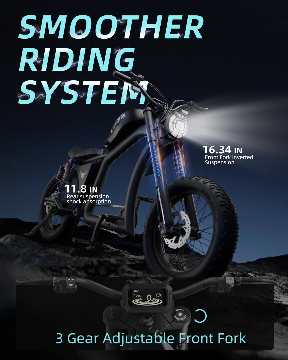 BG-X hydraulic disc brakes — hydraulic stopping power keeps pace with the top speed a 1500W motor can reach