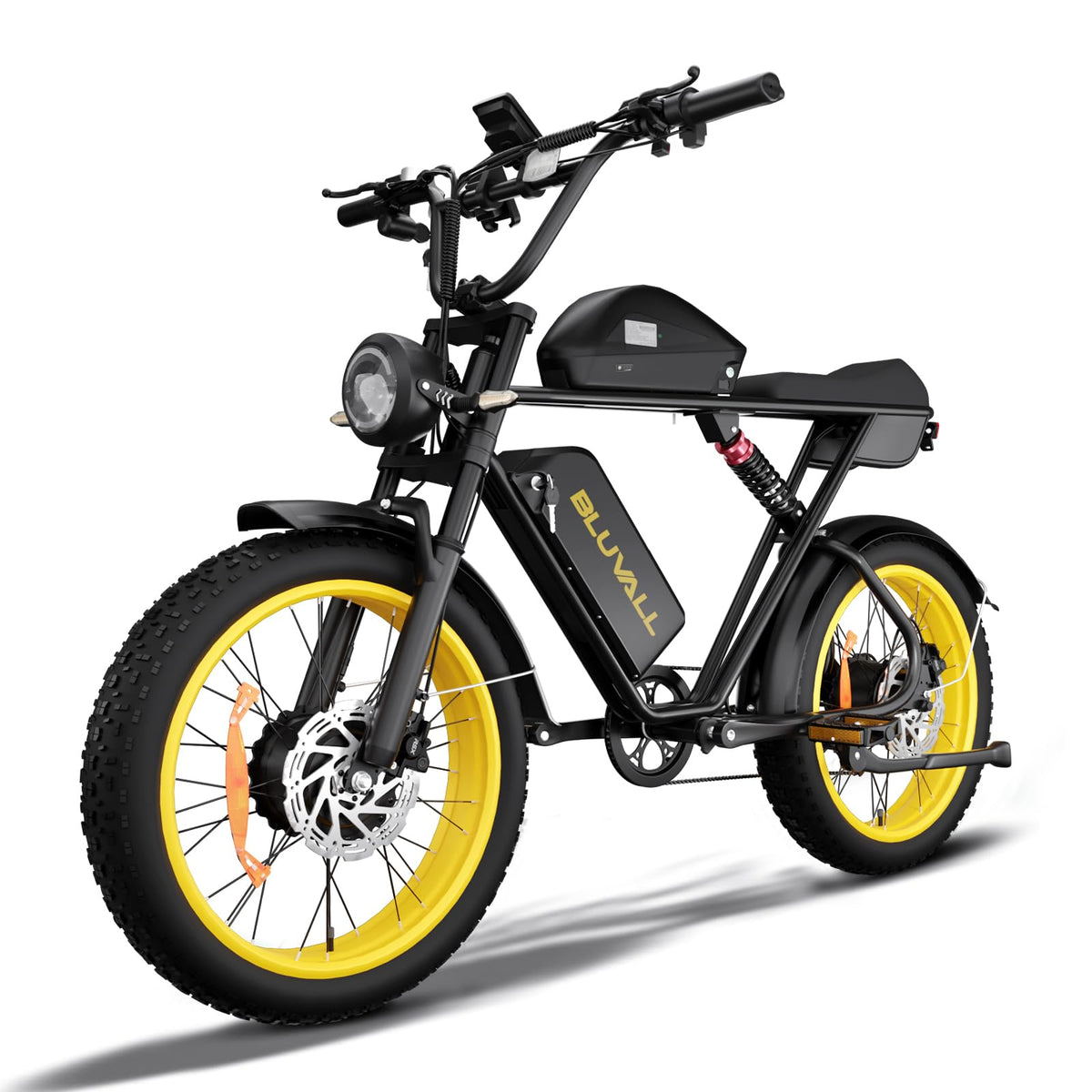 Front hub motor on the Bluvall K10 — gives this fat tire bike front-wheel drive alongside the rear