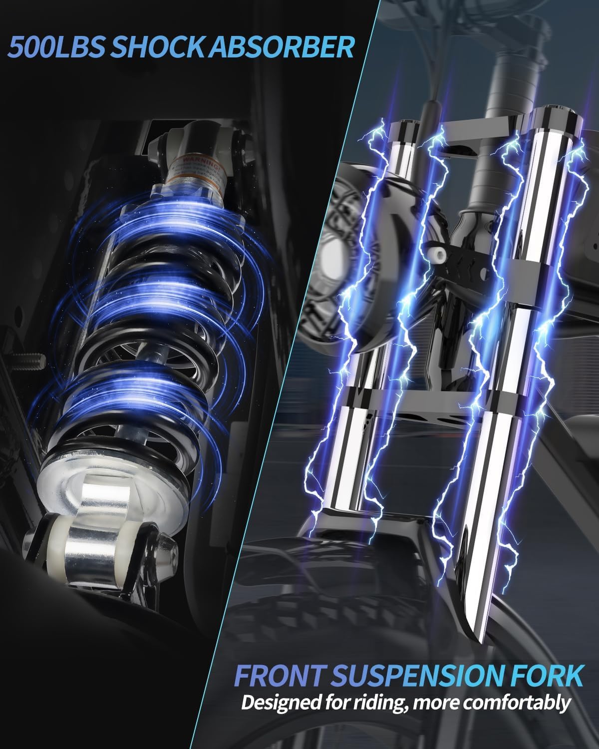 Front fork and springer-style suspension absorb bumps without losing steering feel