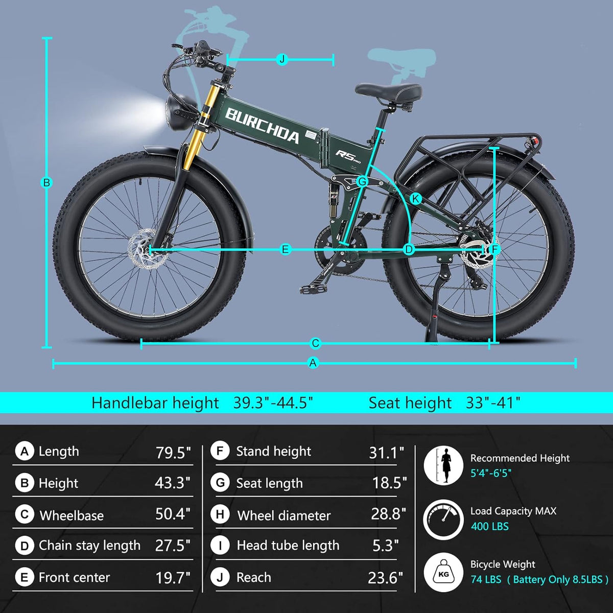 BURCHIN full suspension e-bike at rest on a dirt trail — shows ground clearance from the bottom bracket