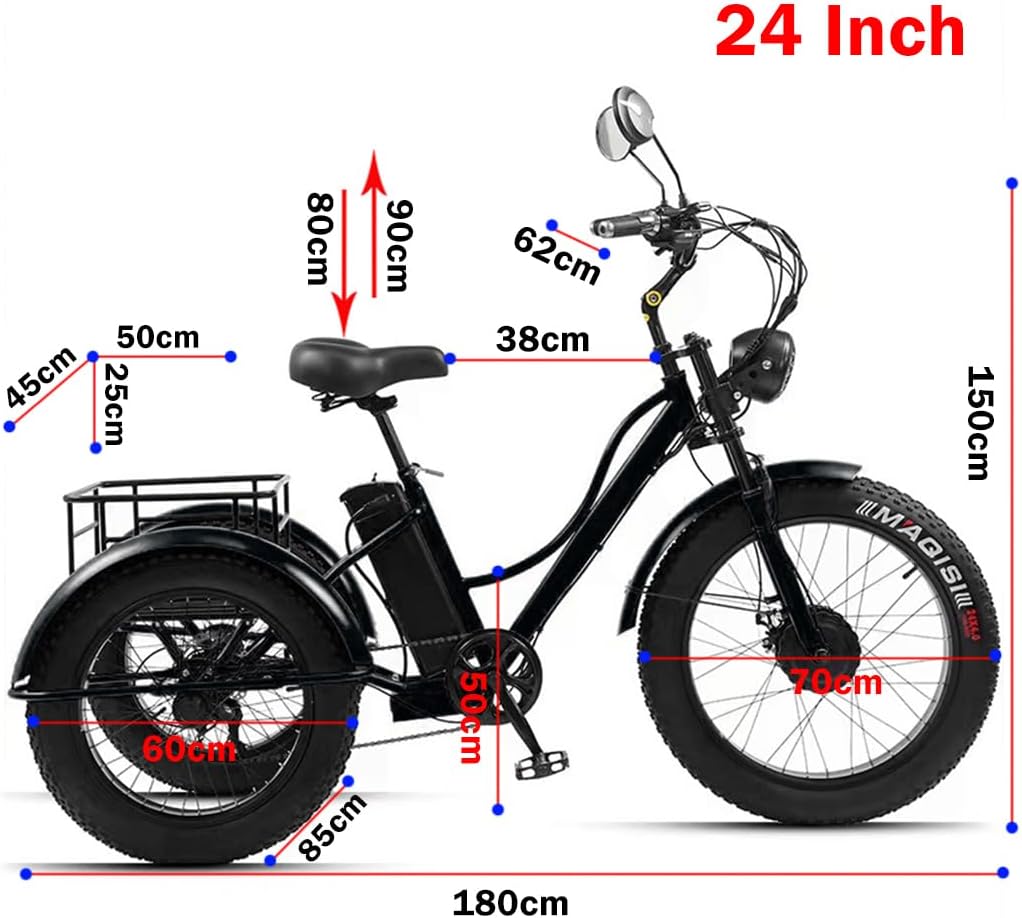 CHONGHAN 750W tricycle front 3/4 view — headlight and wide front fork visible, upright geometry for relaxed riding