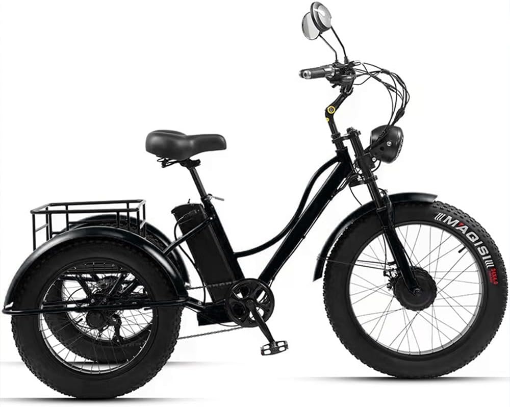 CHONGHAN 750W electric tricycle full side view — wide three-wheel stance sits planted at stops without a kickstand