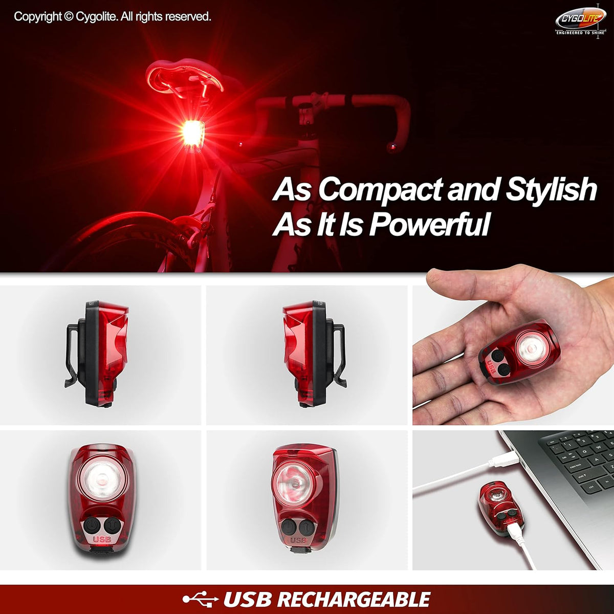 Mode button on top cycles through 6 patterns including steady, flash, and pulse
