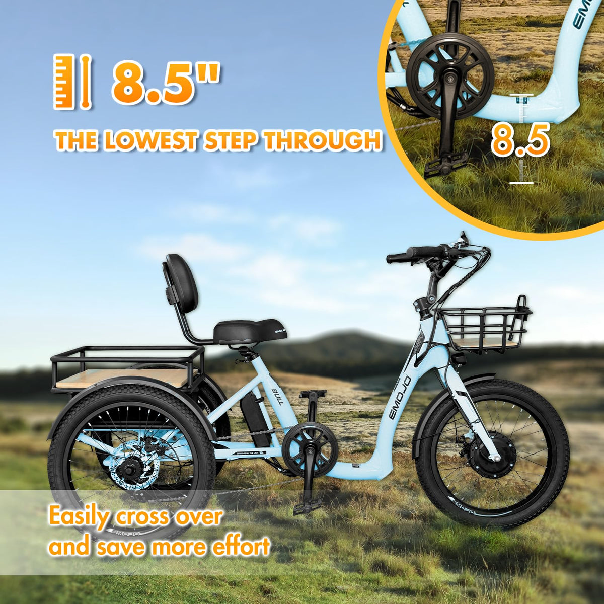 Emojo Bull step-through electric trike cab view