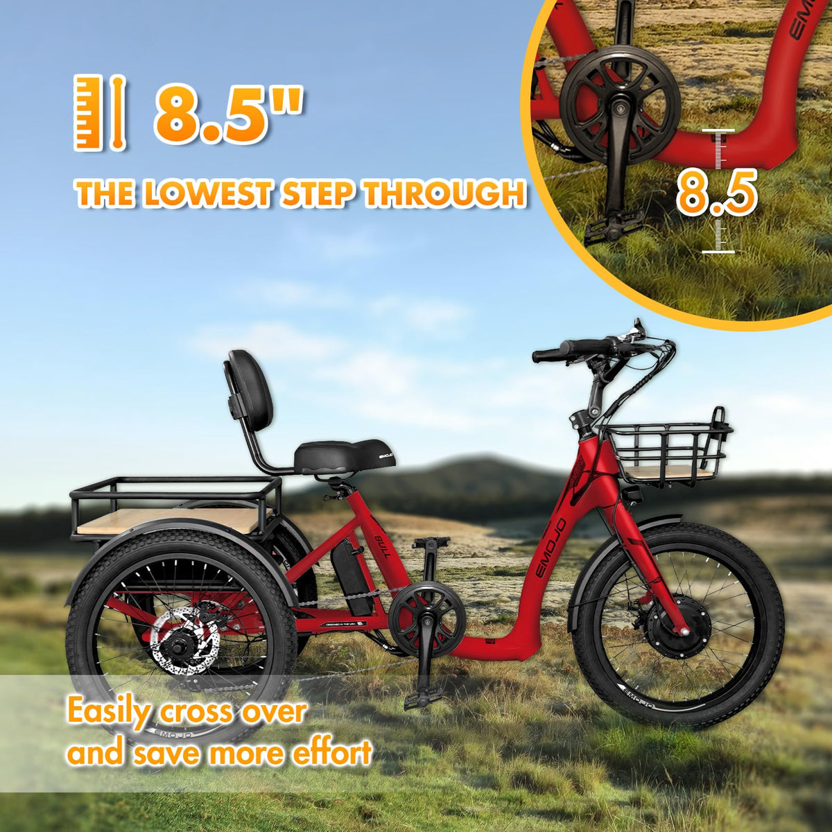 Emojo Bull step-through electric trike display detail