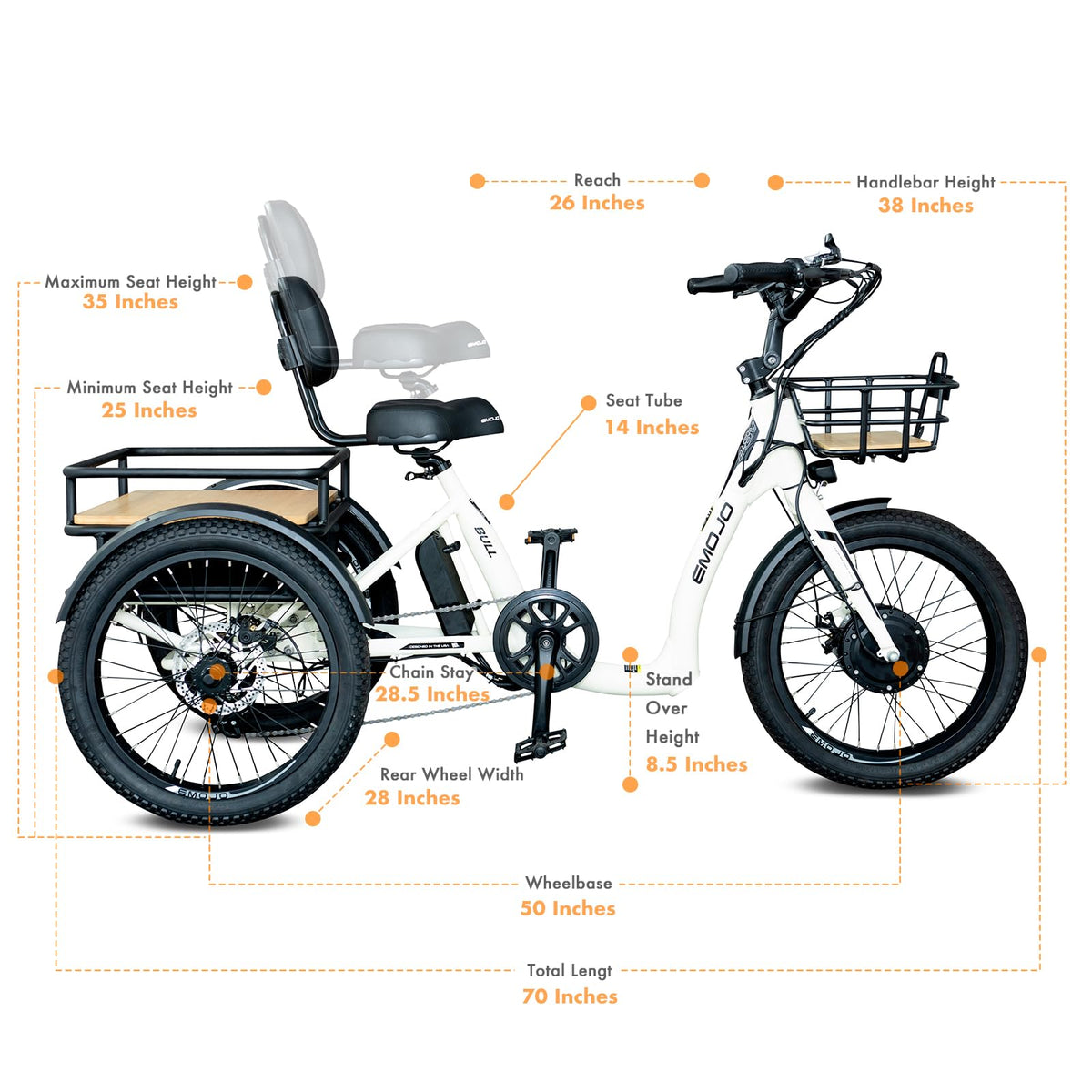Emojo Bull step-through electric trike front three-quarter view