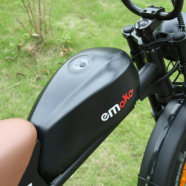 Emoko C93 fat tire moped-style e-bike battery detail