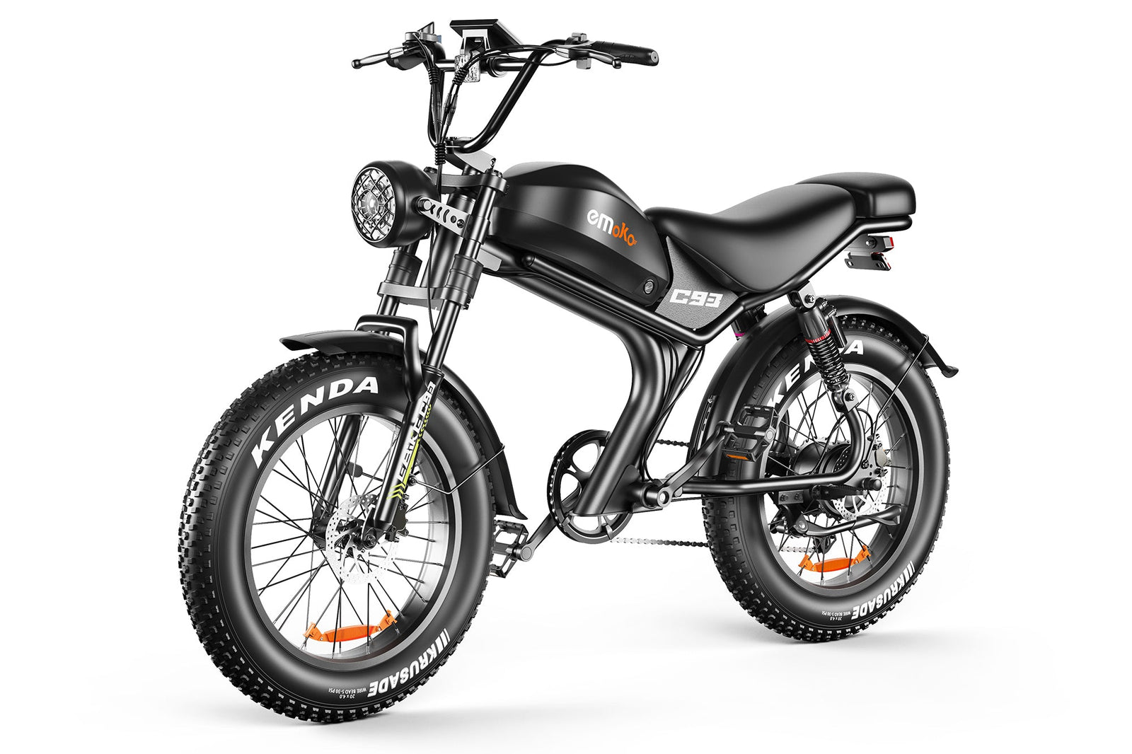 Front view of the Emoko C93 fat tire moped-style e-bike