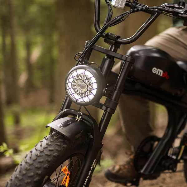 Emoko C93 fat tire moped-style e-bike headlight detail