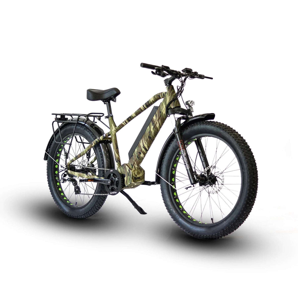 Eunorau FAT-HD camo tire bike in a rear stance