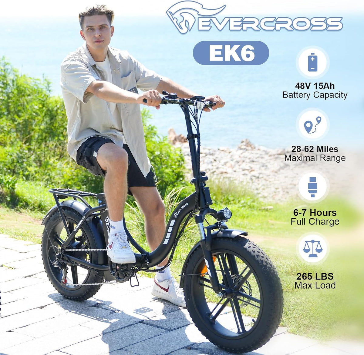 View of Evercross EK6 foldable fat-tire e-bike side profile