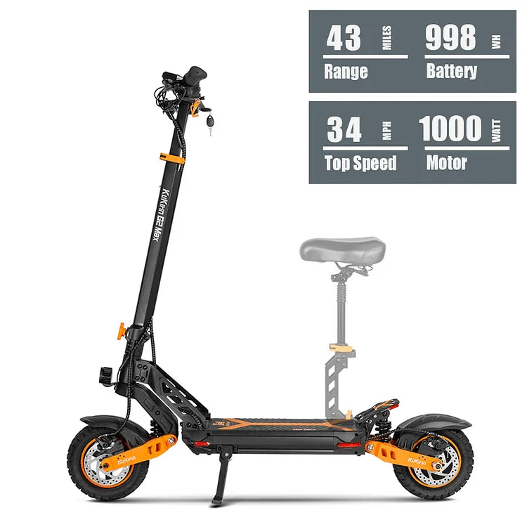KuKirin G2 Max battery and motor specification graphic with seat