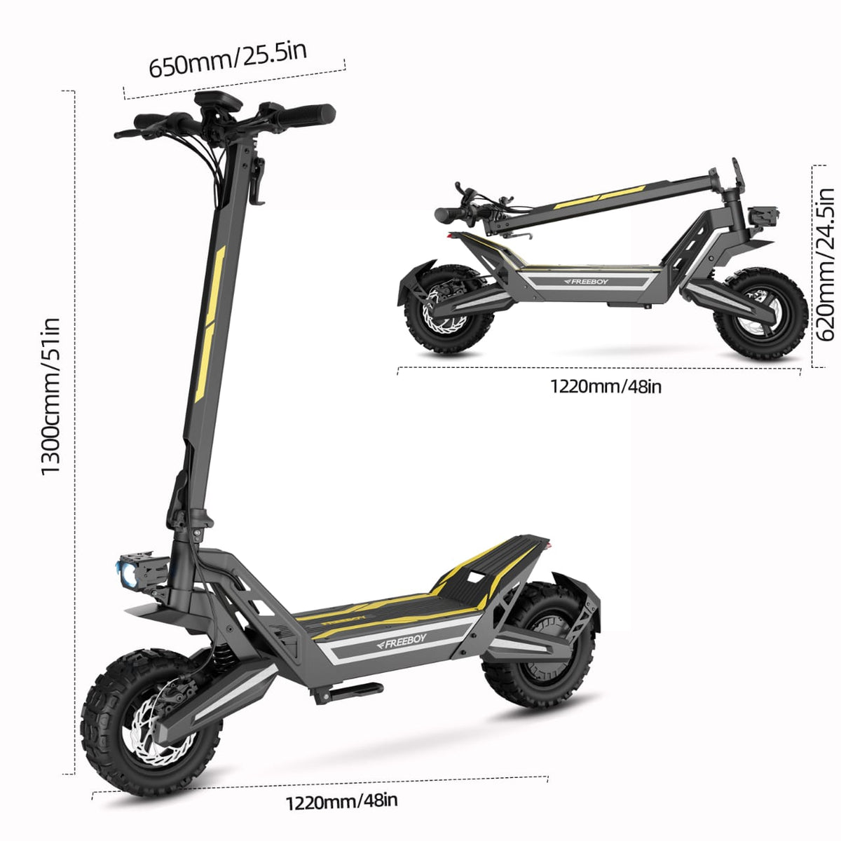 FREEBOY J2 Max dimensions with scooter open and folded
