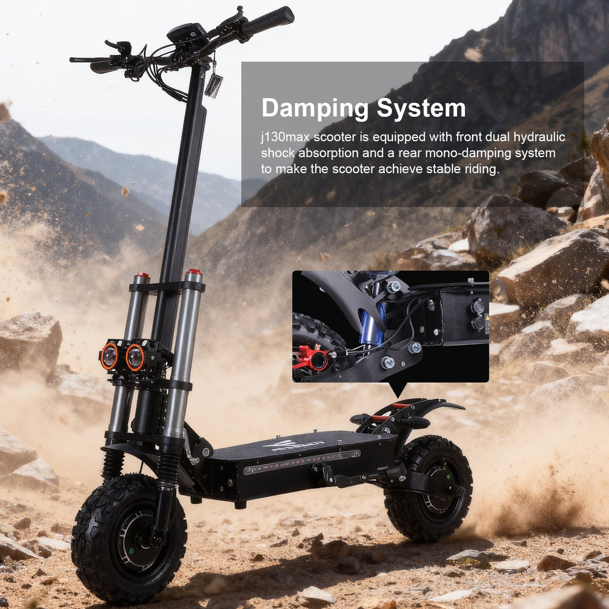 Dual suspension detail on the Freeboy J30 Max off-road scooter