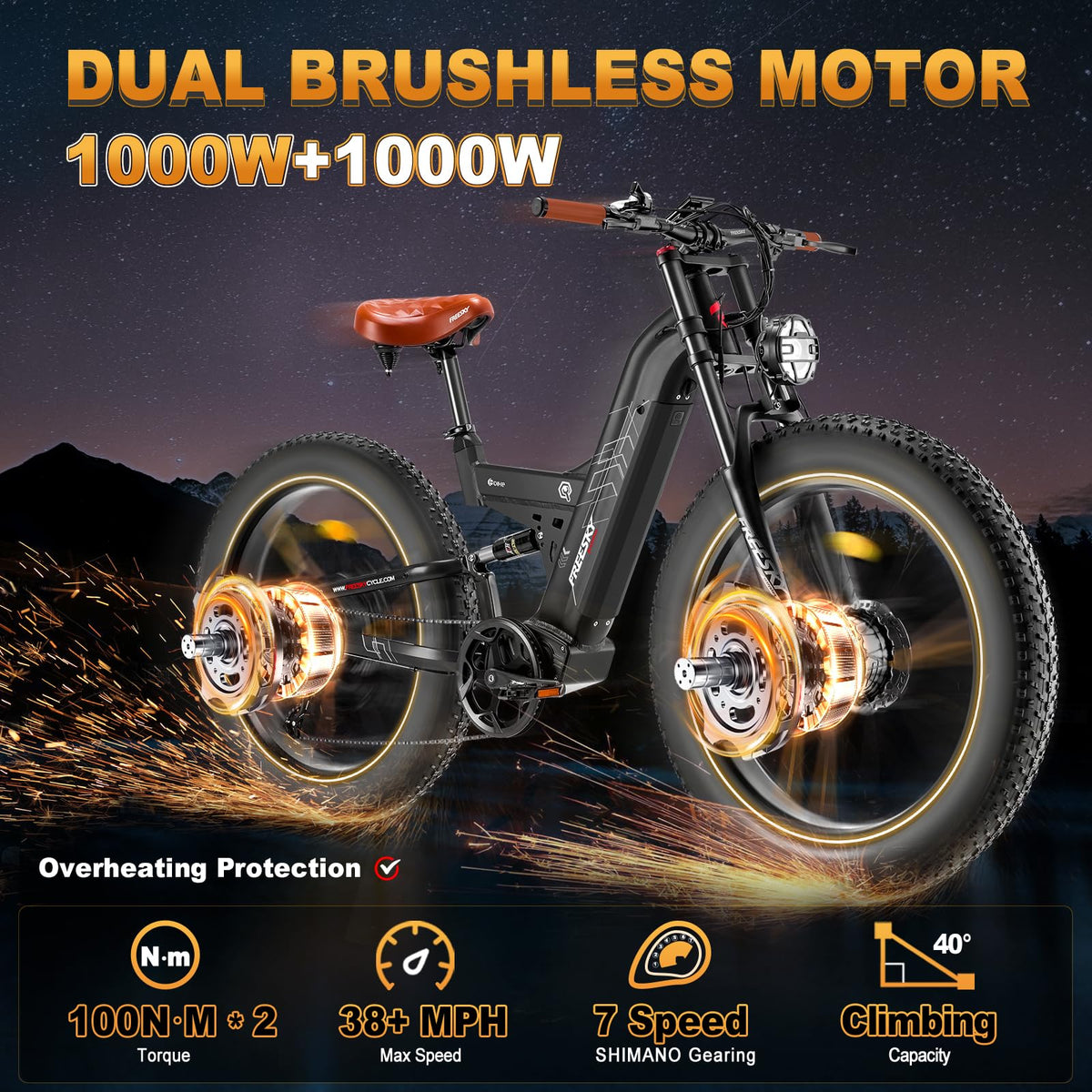 FREESKY Warrior Pro dual-motor fat tire e-bike feature graphic