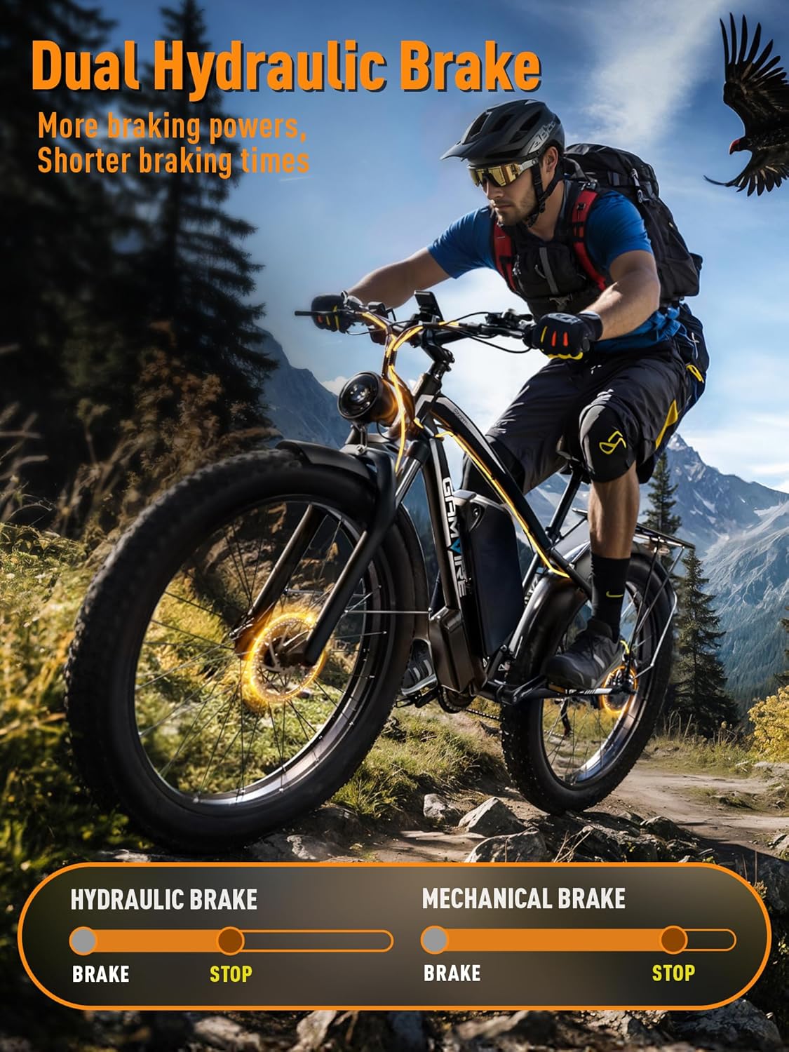 GAMVIRE V7 front 3/4 view — aggressive fork stance and headlight show trail-ready build