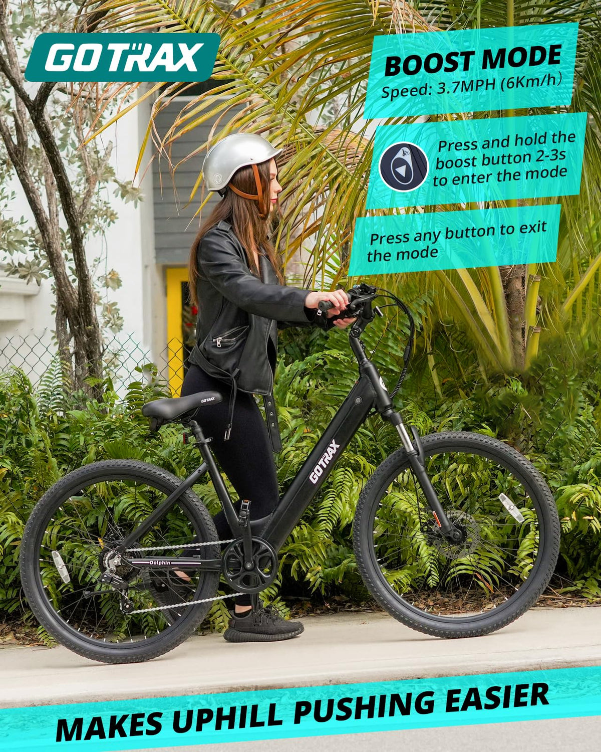 Gotrax Dolphin electric bike lifestyle uphill riding photo