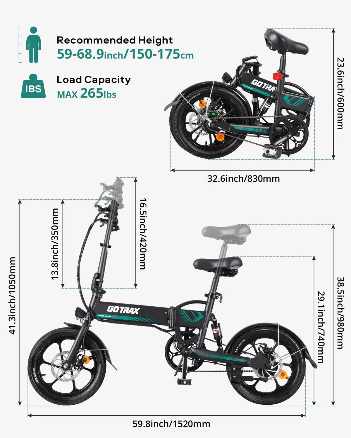 Gotrax EBE1 white variant front view — compact 16-inch wheel diameter keeps the folded height manageable