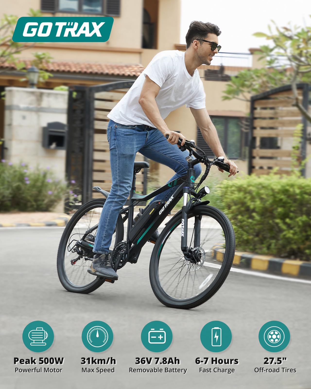 Close-up of Gotrax EBE3 27.5-inch electric bike front wheel close-up