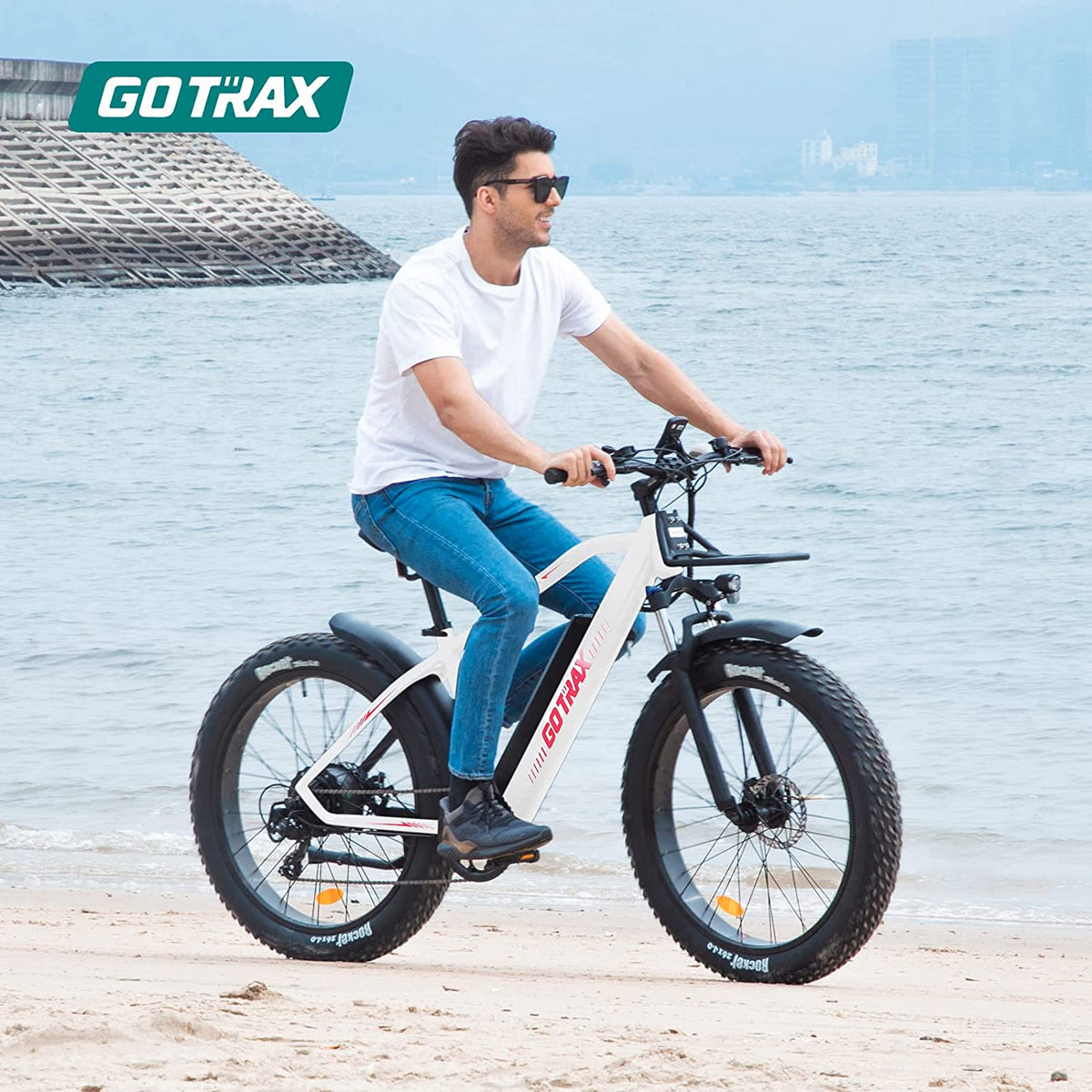 GOTRAX EBE5 electric bike beach lifestyle photo