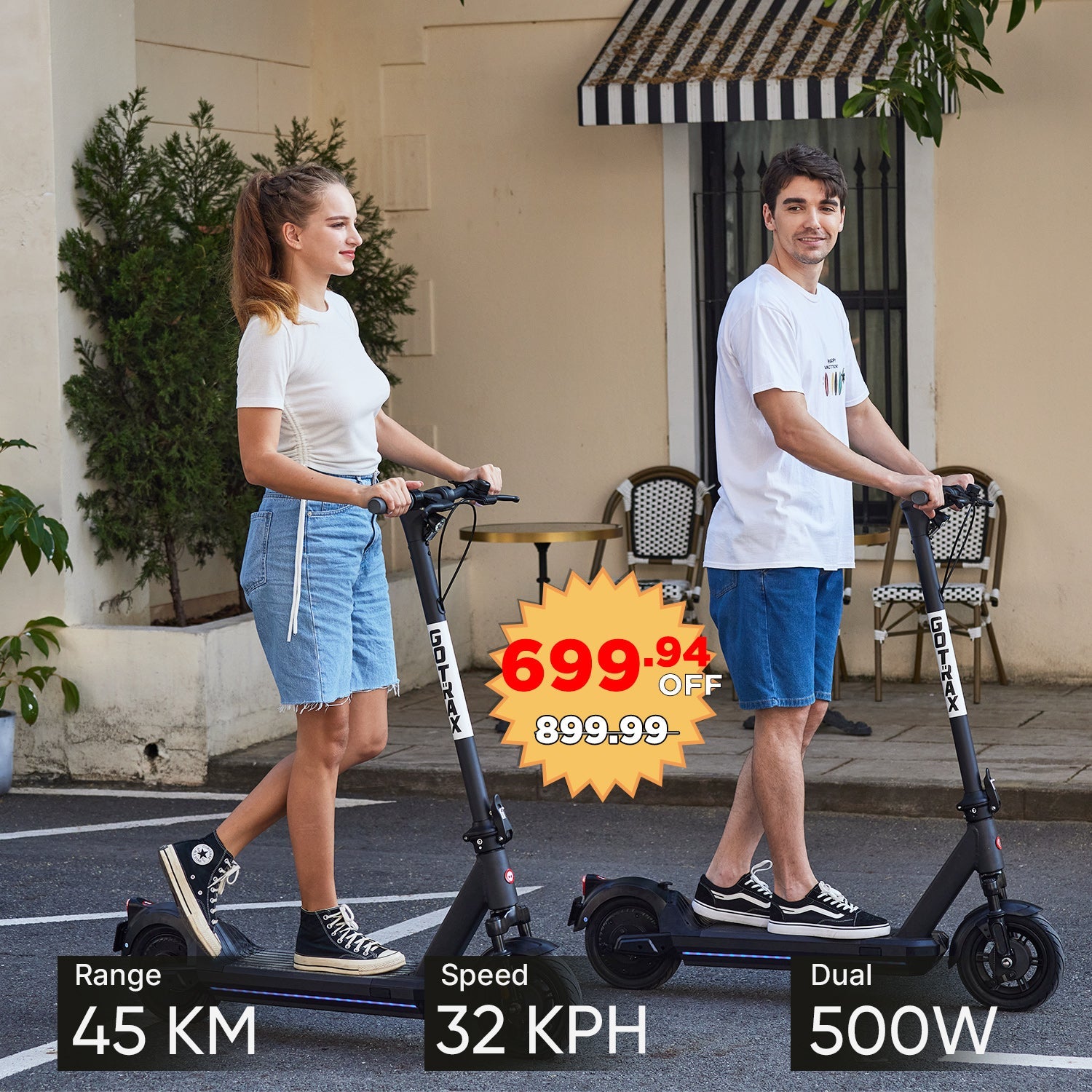 GOTRAX Eclipse Ultra electric scooter with two riders and range speed graphic