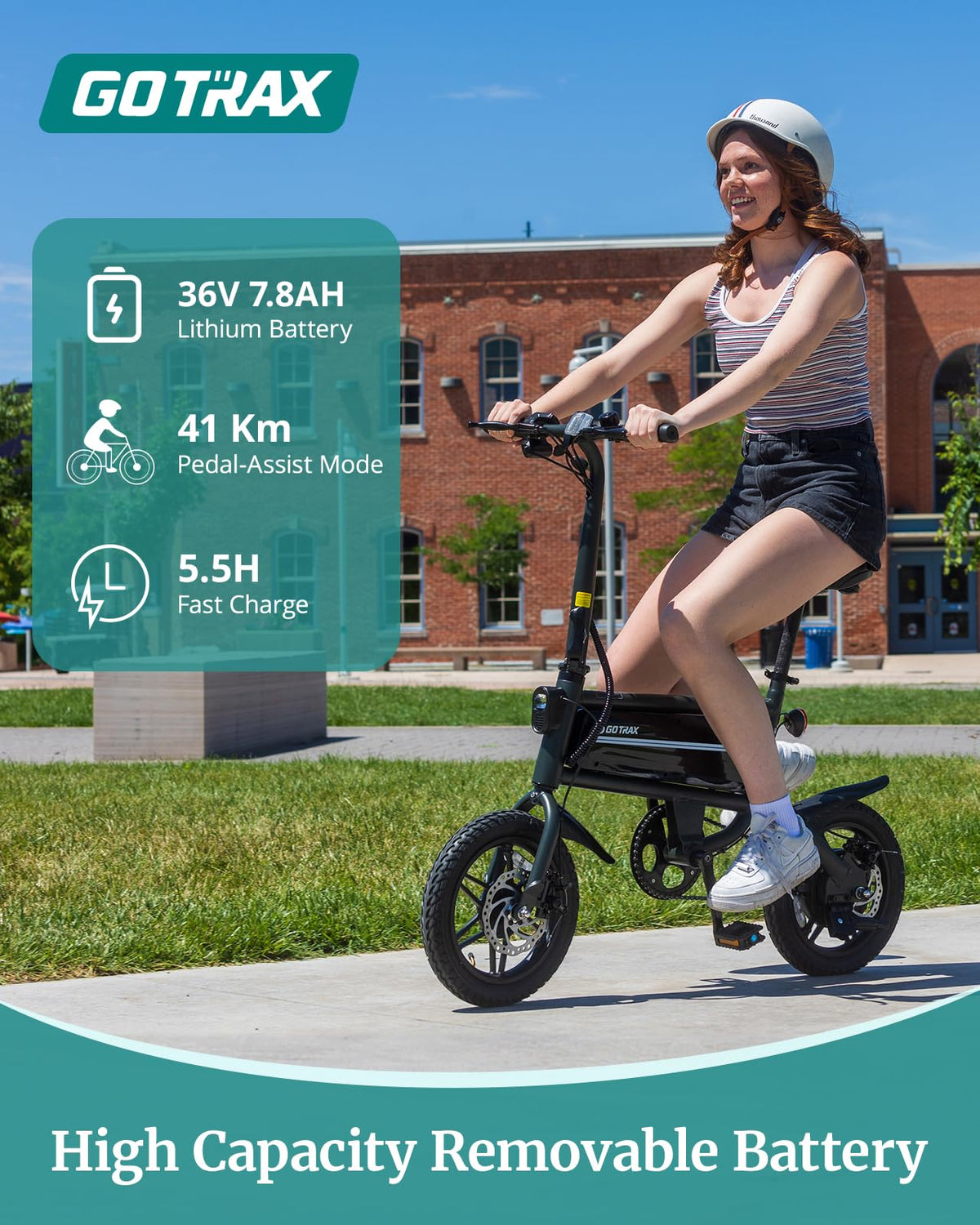 Gotrax NANO compact electric bike battery and range graphic