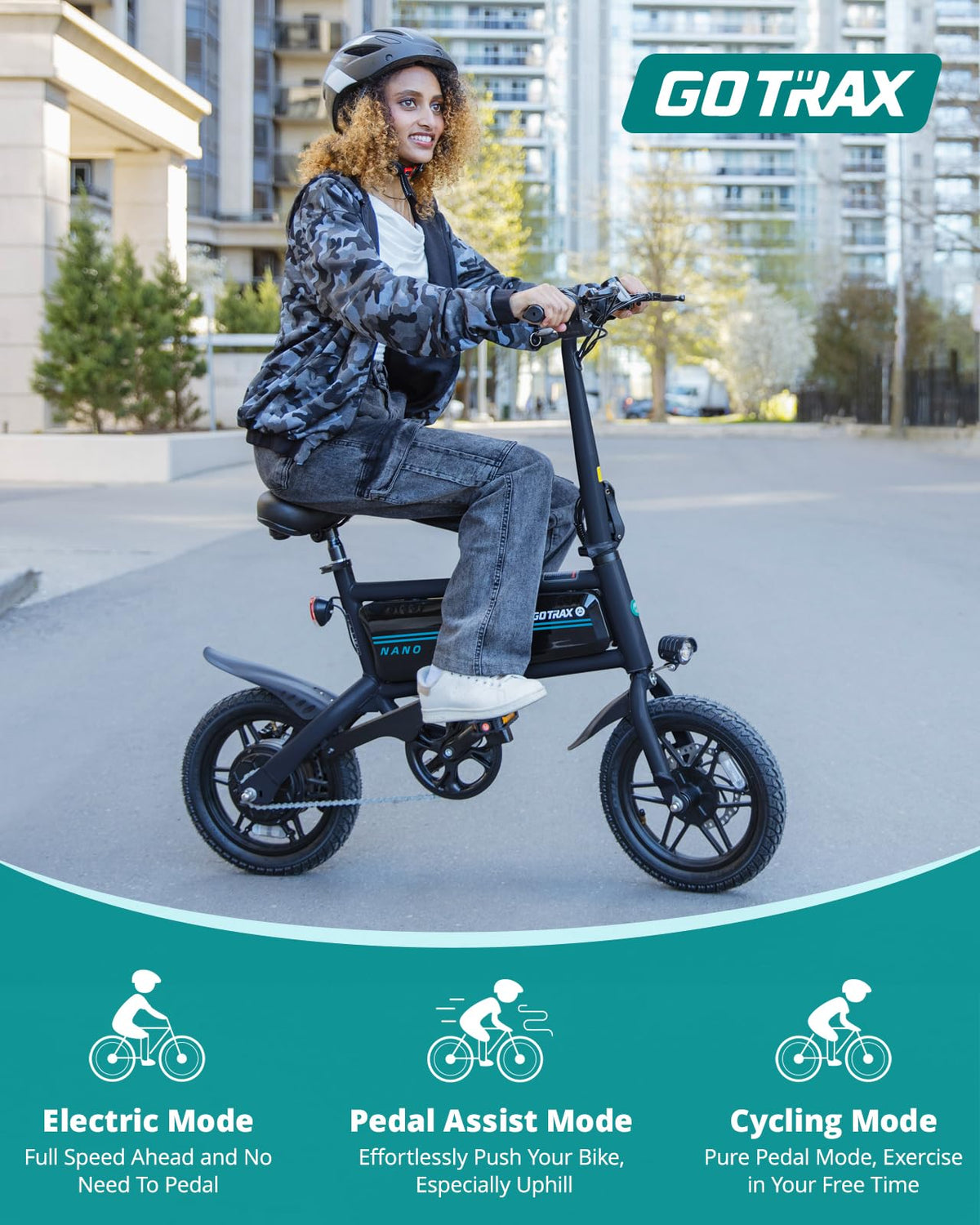 Gotrax NANO compact electric bike top speed and folding graphic