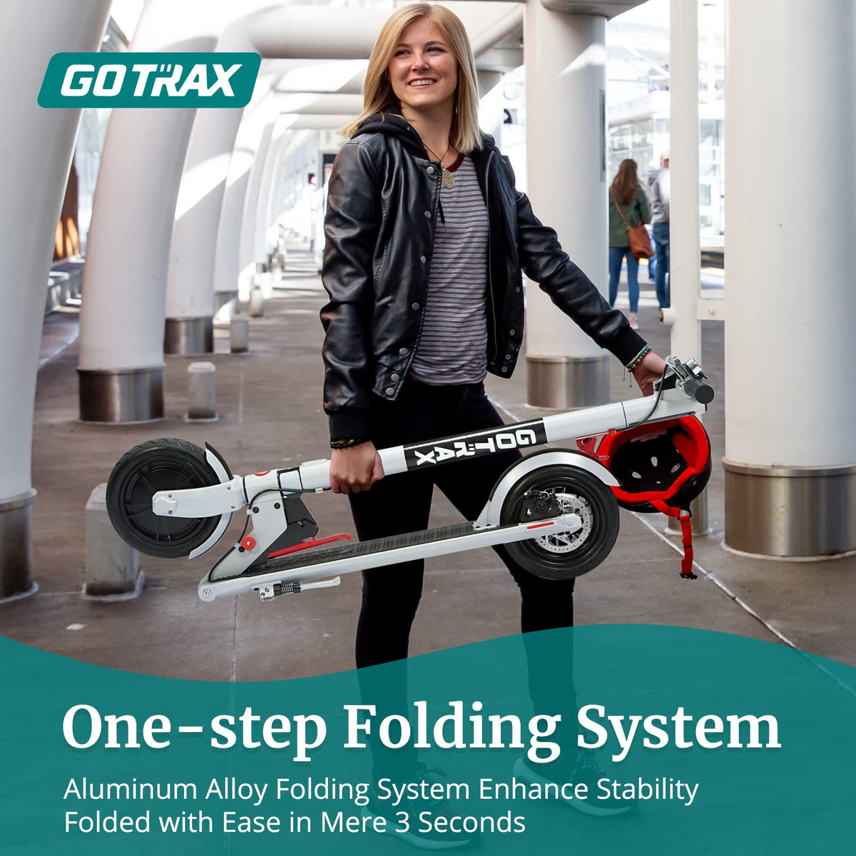 GOTRAX XR Ultra electric scooter one-step folding system graphic