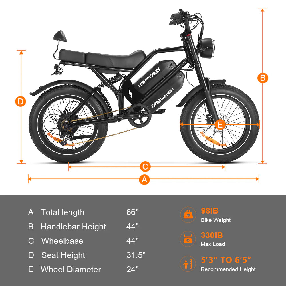 HappyRun G70 cargo e-bike size graphic