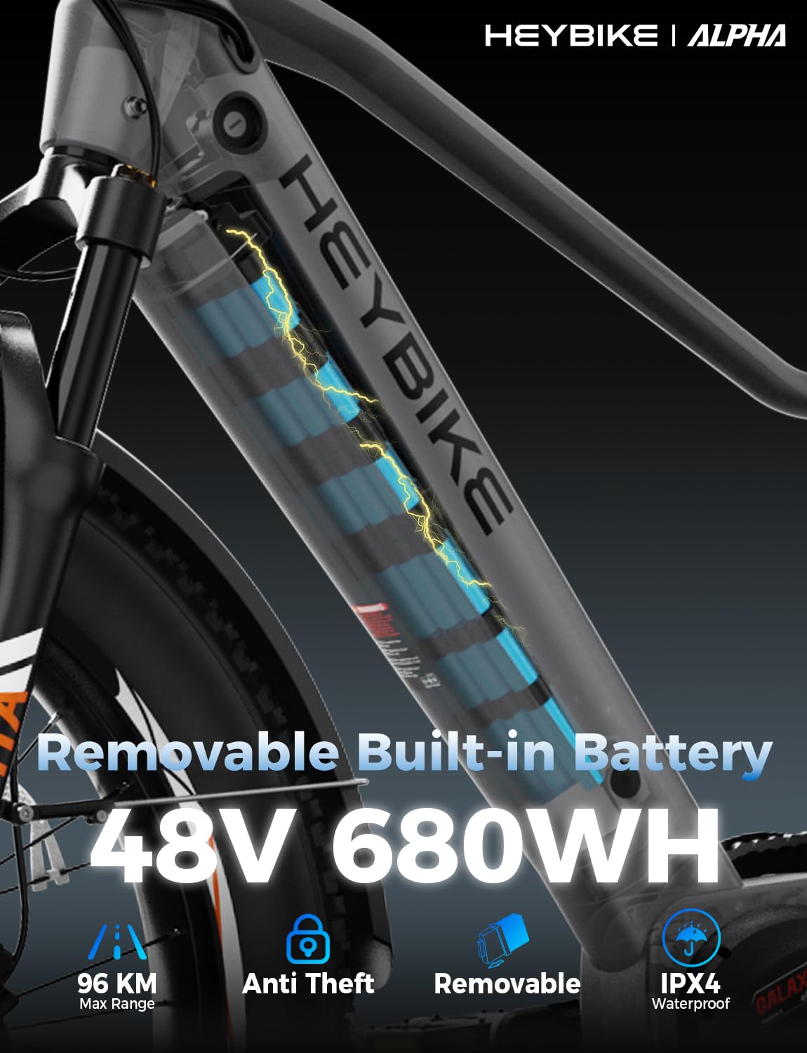 Heybike Alpha 500W mid-drive electric bike three-quarter view