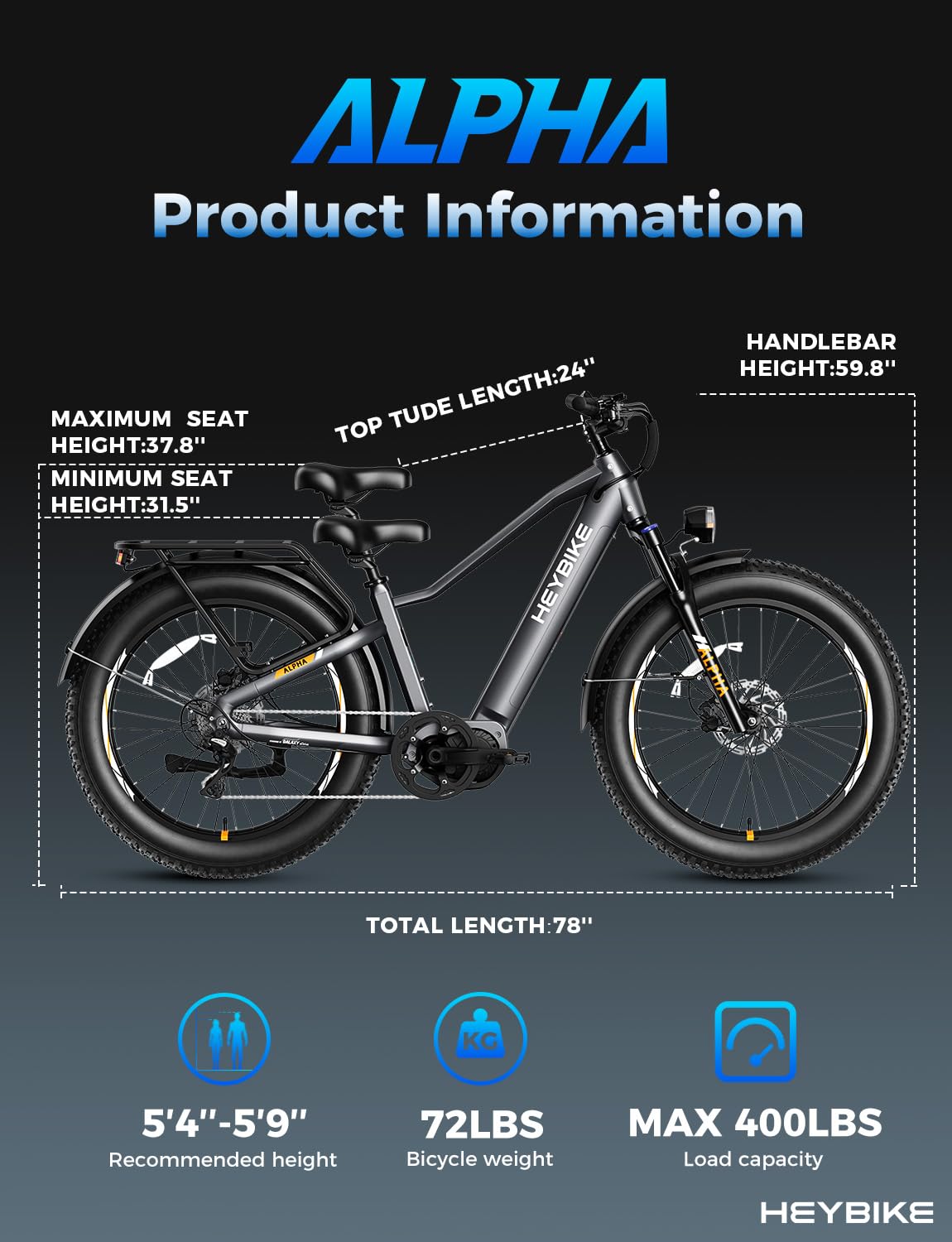 Heybike Alpha 500W mid-drive e-bike front angle