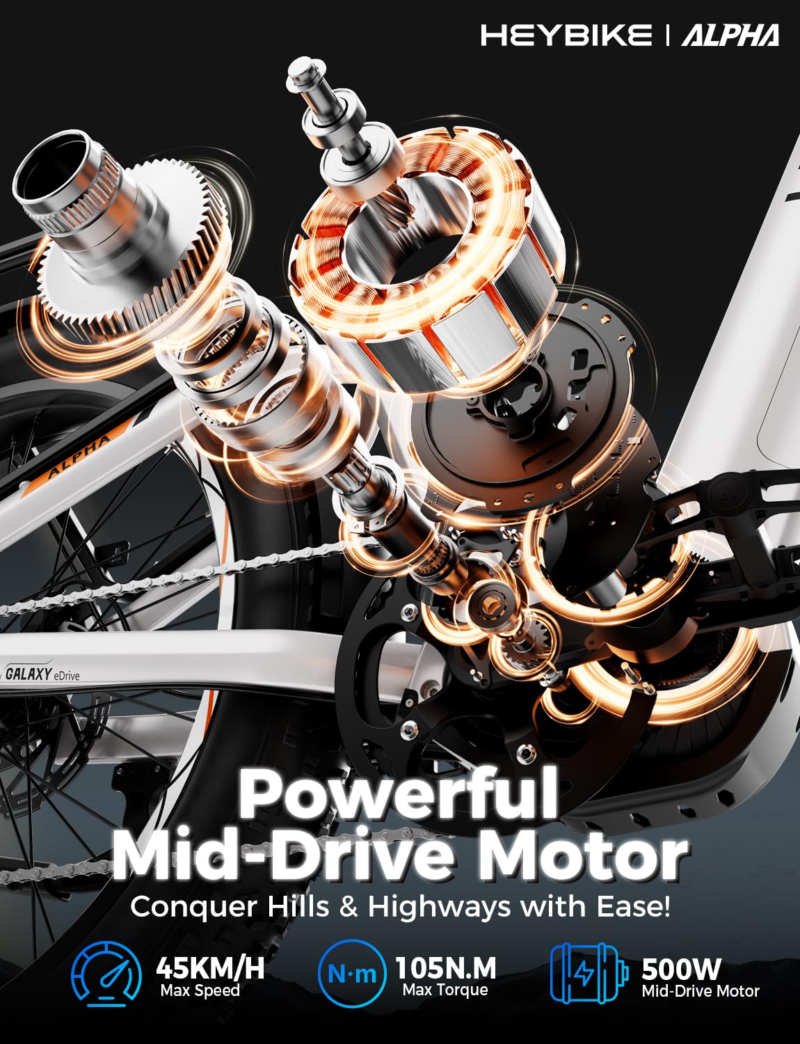 Heybike Alpha 500W mid-drive e-bike riding view