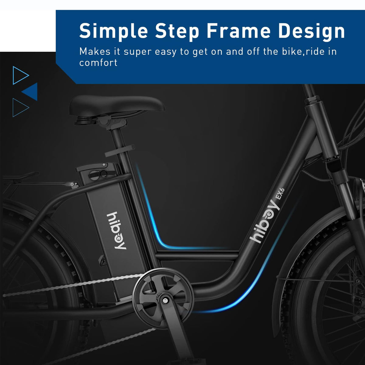 EX6 colour variant C front 3/4 — headlight and fork visible with step-thru entry gap prominent
