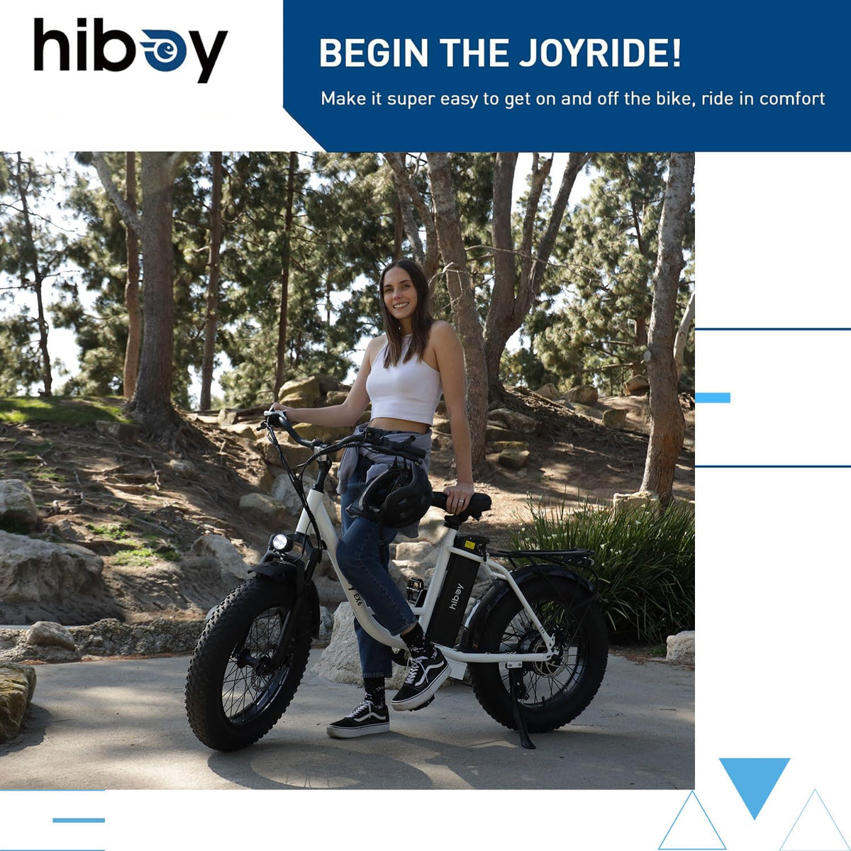 Hiboy EX6 step-thru frame opening — low top tube lets riders swing on from either side without lifting a leg over
